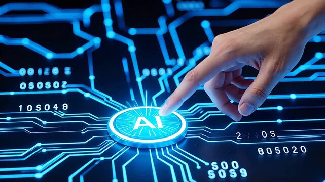 Hand pressing AI button on digital circuit