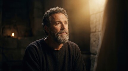 Obraz premium Apostle Paul praying in a dark dungeon with heavenly light. Biblical scene reflecting Christian faith and divine inspiration. Historical portrait of a bearded man in ancient prison.