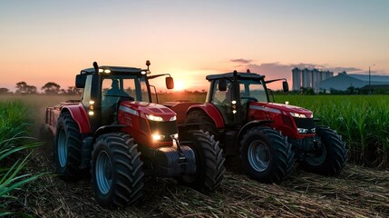 Fototapeta premium Two farm tractors harvesting sugarcane during sunset