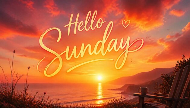 Hello Sunday text over ocean sunset landscape