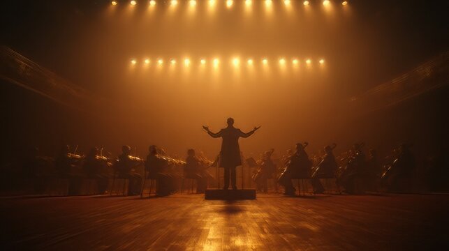 Conductor leading a full symphony orchestra on stage under warm spotlighting. Professional classical music performance. 