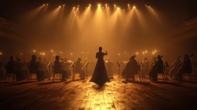 Conductor leading a full symphony orchestra on stage under warm spotlighting. Professional classical music performance. 