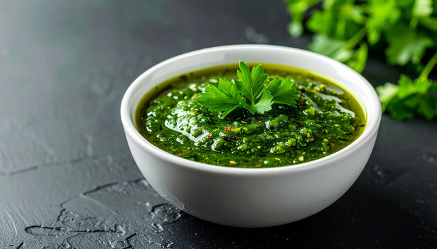 Bowl of green salsa verde sauce on dark table, fresh and vibrant culinary concept. Close-up.