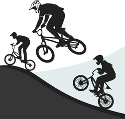 Naklejka premium Black silhouettes of bikers riding bicycles, mountain bike riders in motion, cycling sport icons, vector graphics