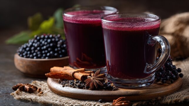Benefits of Elderberry. Two clear glass mugs filled with dark purple elderberry juice with fresh elderberries and spices on a wooden surface.