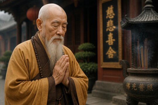 Elder monk praying in traditional temple courtyard