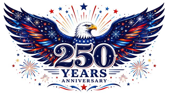 Vibrant eagle illustration celebrating 250 years anniversary with fireworks and stars isolated on white background