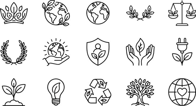 Ecology and green energy line icon set featuring environmental sustainability recycling nature preservation global care and conservation vectors