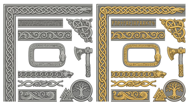 Viking Norse Runestone Carved Border Frame Vector Set with Jormungandr Futhark Urnes Ringerike Mammen Borre Jellinge Valknut and Norse Design