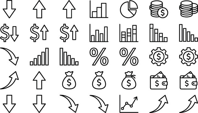 Finance and stock market trend line icon set featuring growth and loss arrows bar charts coin stacks money bags and investment analytics vectors