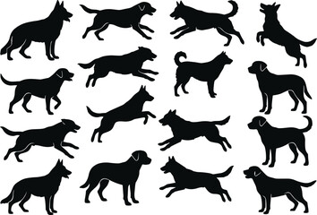 Obraz premium Collection of active dog silhouettes featuring various breeds running jumping and standing isolated on white background