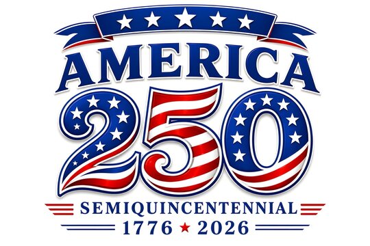 America 250 semiquincentennial logo with patriotic stars and stripes on white background