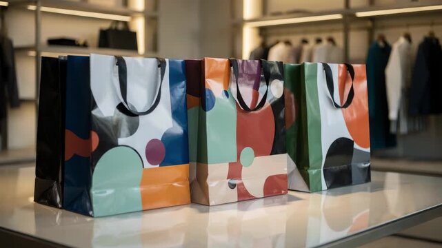Glossy retail shopping bags with shiny surfaces and bold store graphics displayed in a chic boutique environment under soft lighting to highlight premium branding