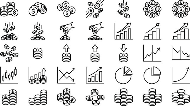 Financial growth and investment line icon set featuring coin stacks dollar savings market analytics charts revenue trends and banking vectors