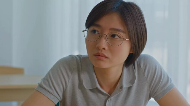 Thoughtful young woman in a casual setting, reflecting on a conversation. Represents introspection and the importance of communication in personal growth