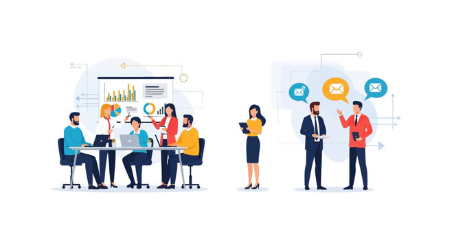 Business team collaborates on data analysis and effective digital communication strategies.