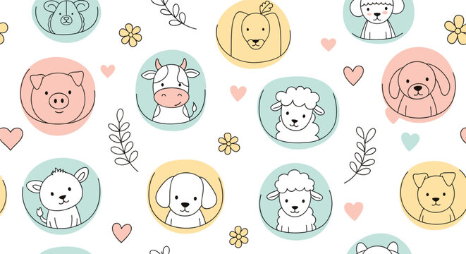 Cute seamless pattern featuring hand drawn animal faces in colorful circles with hearts, flowers, and leaves.