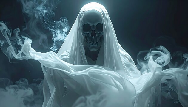 A ghostly figure with a skull face and white hooded cloak surrounded by smoke
