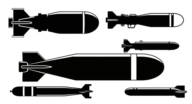 Collection of military bomb and missile silhouettes on white background.