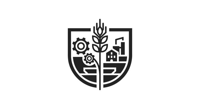Agriculture industry technology emblem with wheat, factory and gears