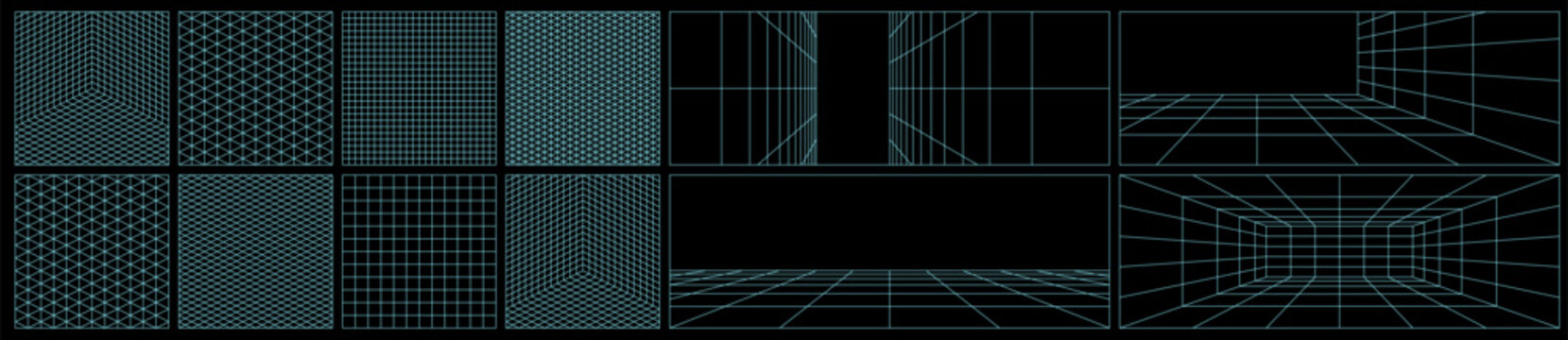 AI lab bg with Y2K grid, blueprint background for arcade infographics. Blue 3D line metaverse, industrial space. Minimal neon wire pattern in perspective tile. Techno scheme on 80s synthwave backdrop