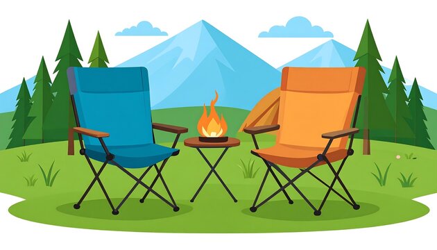 Cartoon illustration depicts a serene campsite scene. Two folding chairs face a small campfire on a table, backed by trees and mountains