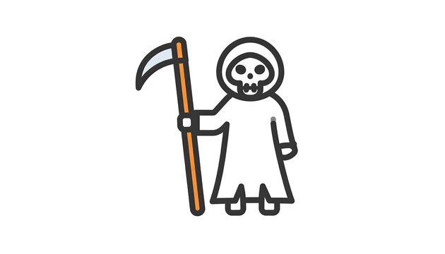 Cartoon illustration featuring a cloaked figure with a skull face, holding a scythe. A spooky and minimalist design