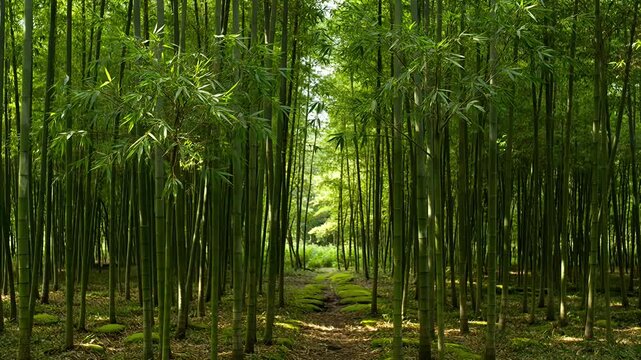 Nature Calm Background Green bamboo forest tree grove with green leaf forest path nature landscape summer light moss ground tranquil scene woodland trail bamboo forest green nature path sunlight moss