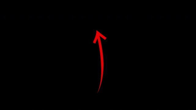 Hand drawn red arrow pointing upward with sharp tip isolated on deep black background