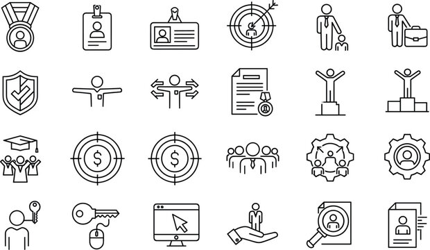 Human resources and career development thin line icon set featuring badge target dollar recruitment medal podium graduate team and resume vector elements