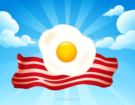 Cartoon illustration featuring a fried egg atop strips of bacon set against a sunburst sky with clouds