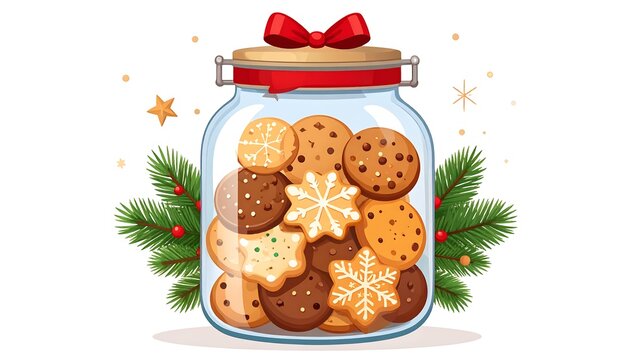 Cartoon illustration featuring a glass jar overflowing with decorated cookies tied with a red ribbon and decorated with sprigs of evergreen