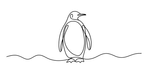 Single line drawing of a penguin standing on wavy ground, simple illustration © Jotish_Design Store
