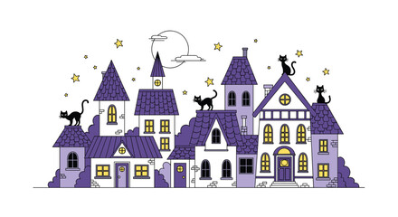 Fototapeta premium Spooky and whimsical Halloween town illustration featuring purple houses with black cats sitting on roofs under a starry sky.