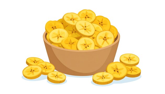 Cartoon illustration featuring a wooden bowl overflowing with sliced yellow fruit pieces. Some slices are scattered around