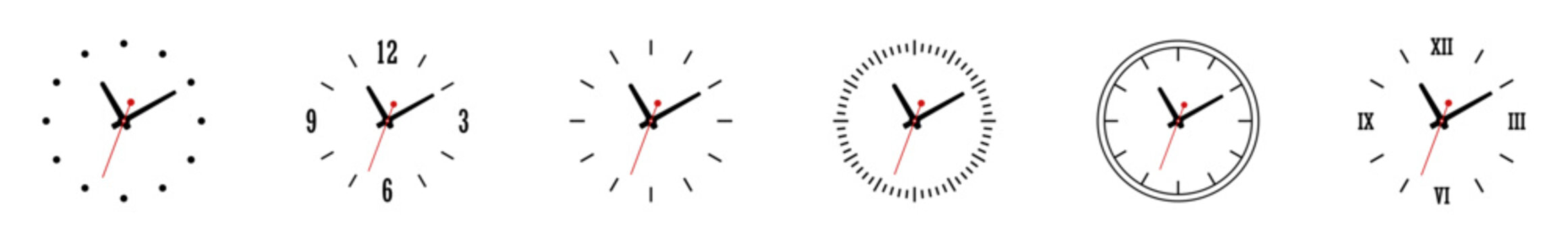 Set of analog wall clock designs with minimal style, classic numbers, Roman numerals, isolated on white background.