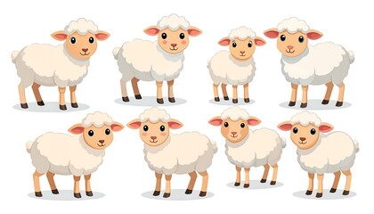 Fototapeta premium Cartoon illustration featuring eight fluffy sheep in various poses, with friendly expressions and tan legs