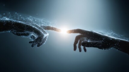 Naklejka premium The connection between humanity and technology. Human hand interacting with a digital or robotic one. Artificial Intelligence, data network connectivity. 