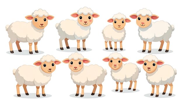 Cartoon illustration featuring eight fluffy sheep in various poses, with friendly expressions and tan legs