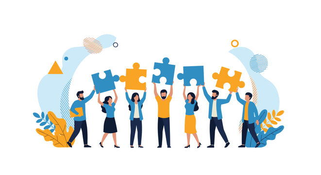Team of diverse business people holding up large blue and yellow puzzle pieces to show unity and collaboration.