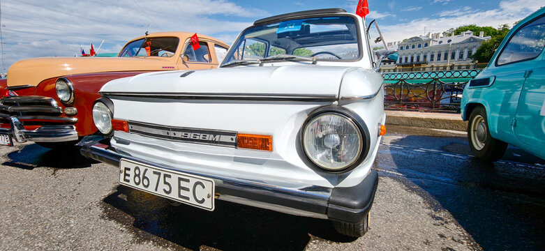 Saint Petersburg, Russia - May 23, 2026: ZAZ 965 Zaporozhets vintage car parked at a public event, showcasing its classic design and distinctive front grille