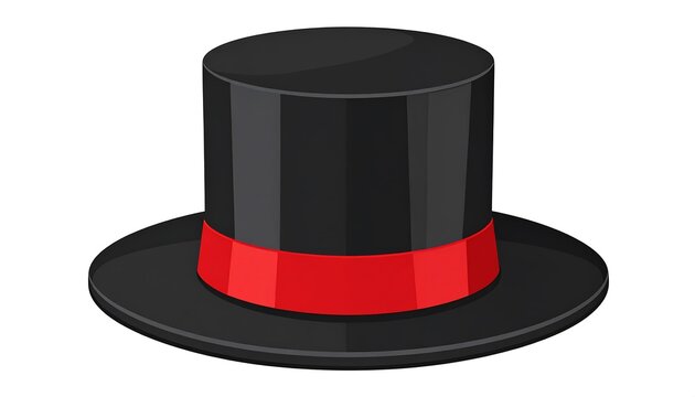 Cartoon illustration of a black, cylindrical hat with a red band. The brim is circular, showcasing a formal design