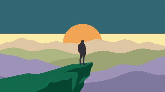 Hiker Silhouette on Cliff Overlooking Layered Mountain Landscape at Sunset