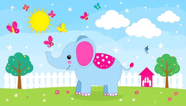 Cartoon illustration of a baby elephant with pink details, butterflies, and a sunny sky over a green field with trees