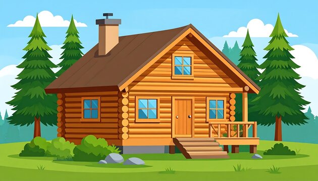 Cartoon illustration of a cozy log cabin nestled amongst green trees and rolling hills under a bright blue sky. A scene of nature