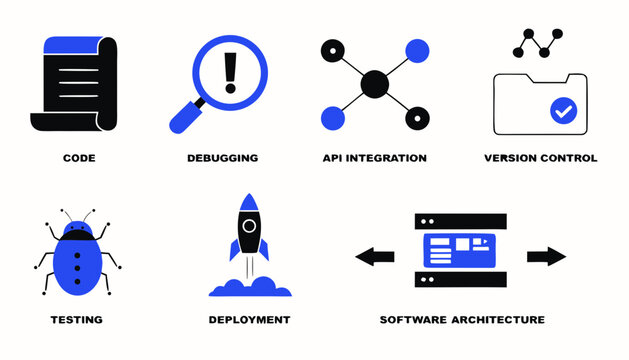 Developer icon set featuring coding debugging api integration version control testing deployment and software architecture concepts in blue and black on white background