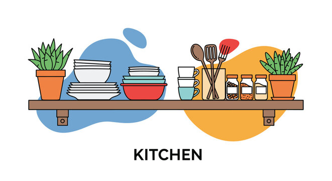 Modern kitchen wooden shelf organized with clean ceramic dishes, green potted plants, spice jars, and various cooking utensils.