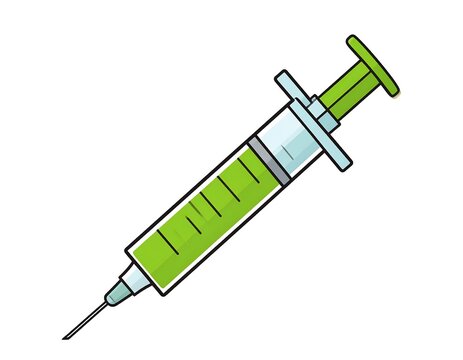 Cartoon illustration of a medical syringe with green liquid inside. Isolated on white background