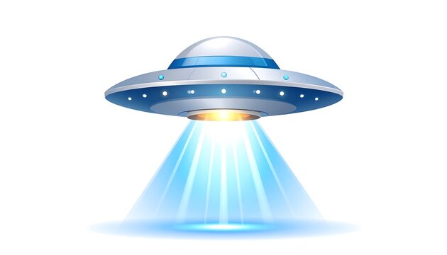 Cartoon illustration of a metallic flying object with blue and silver hues, emanating a bright light beam downwards