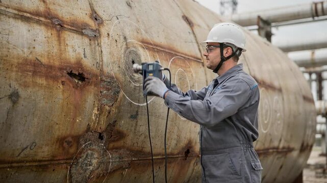 Engineer scanning the external surface of a storage vessel using an ultrasonic gauge highlighting corrosion assessment on exposed metal equipment